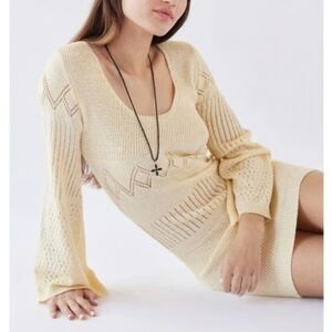 Lisa Says Gah Penny Crochet Knit Mini Dress Retro 70s Beige Beach Long Sleeve